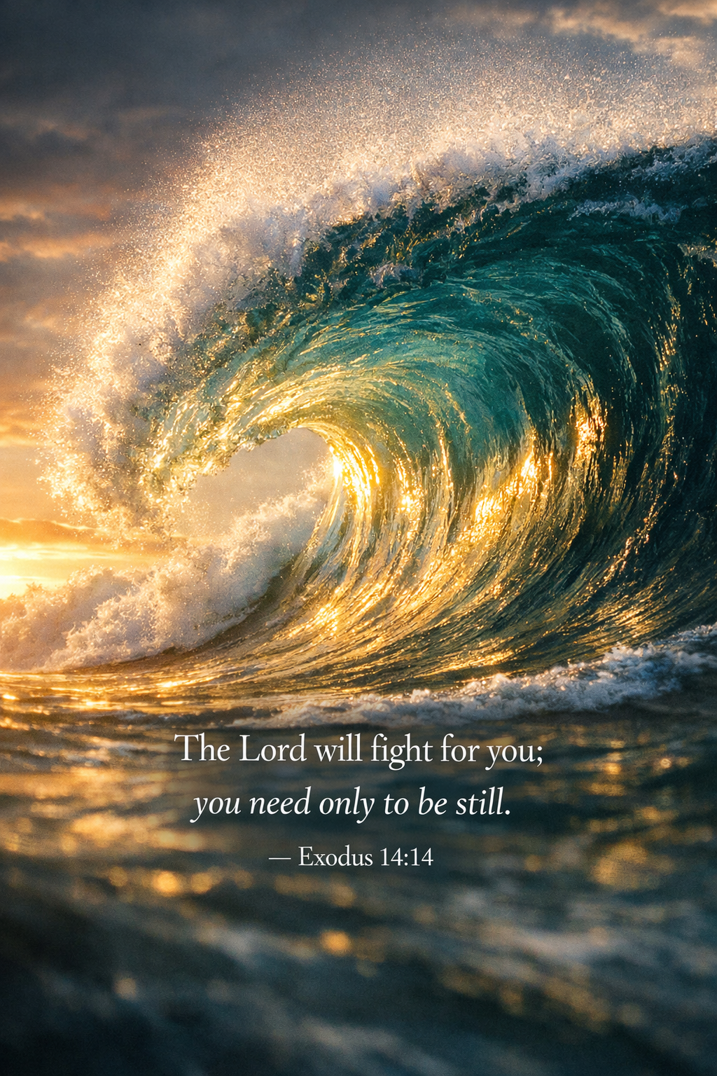 Exodus 14:14 Bible verse phone wallpaper - The Lord will fight for you be still - massive ocean wave frozen mid-curl with sunlight through water